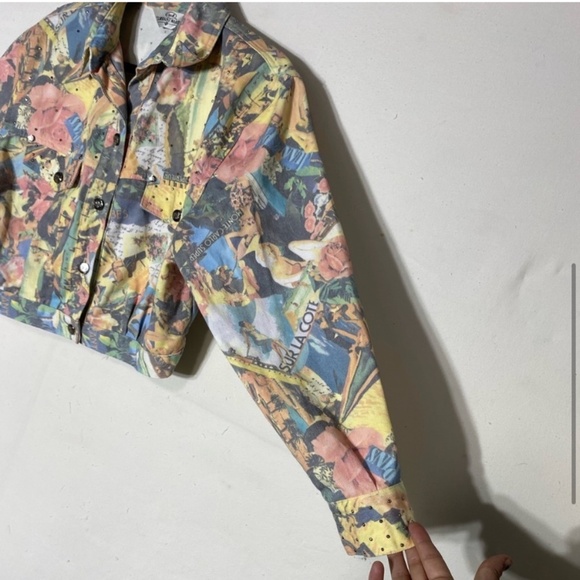 Vintage Opal By Lorraine Wardy Graphic Print Oversized Cropped Denim Jacket M - Picture 5 of 12